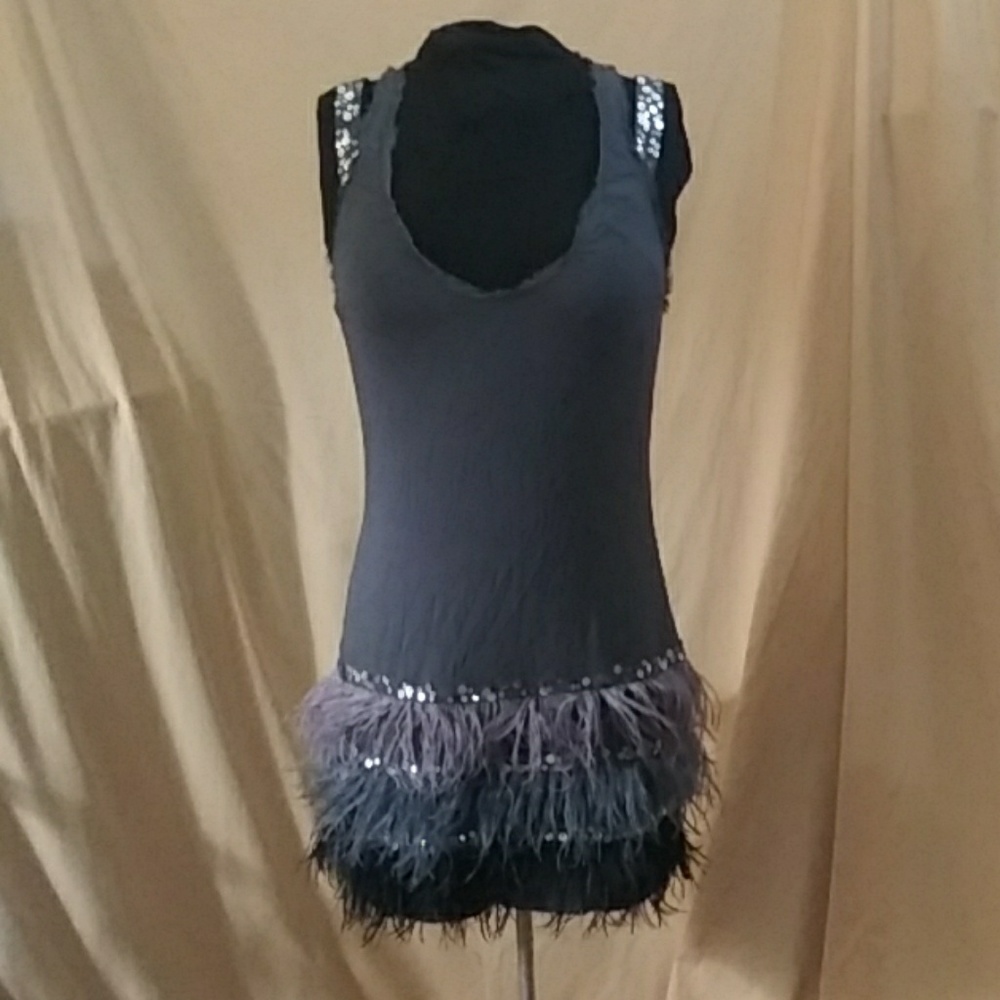 Bebe racerback tank mini dress with feathers as is